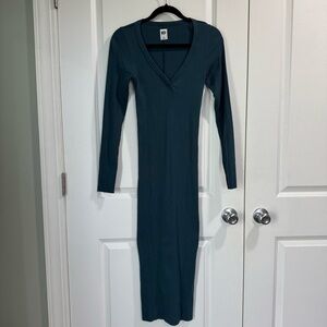 NSF V-Neck Ribbed Midi Long Sleeve Dress Bodycon Blue Green M